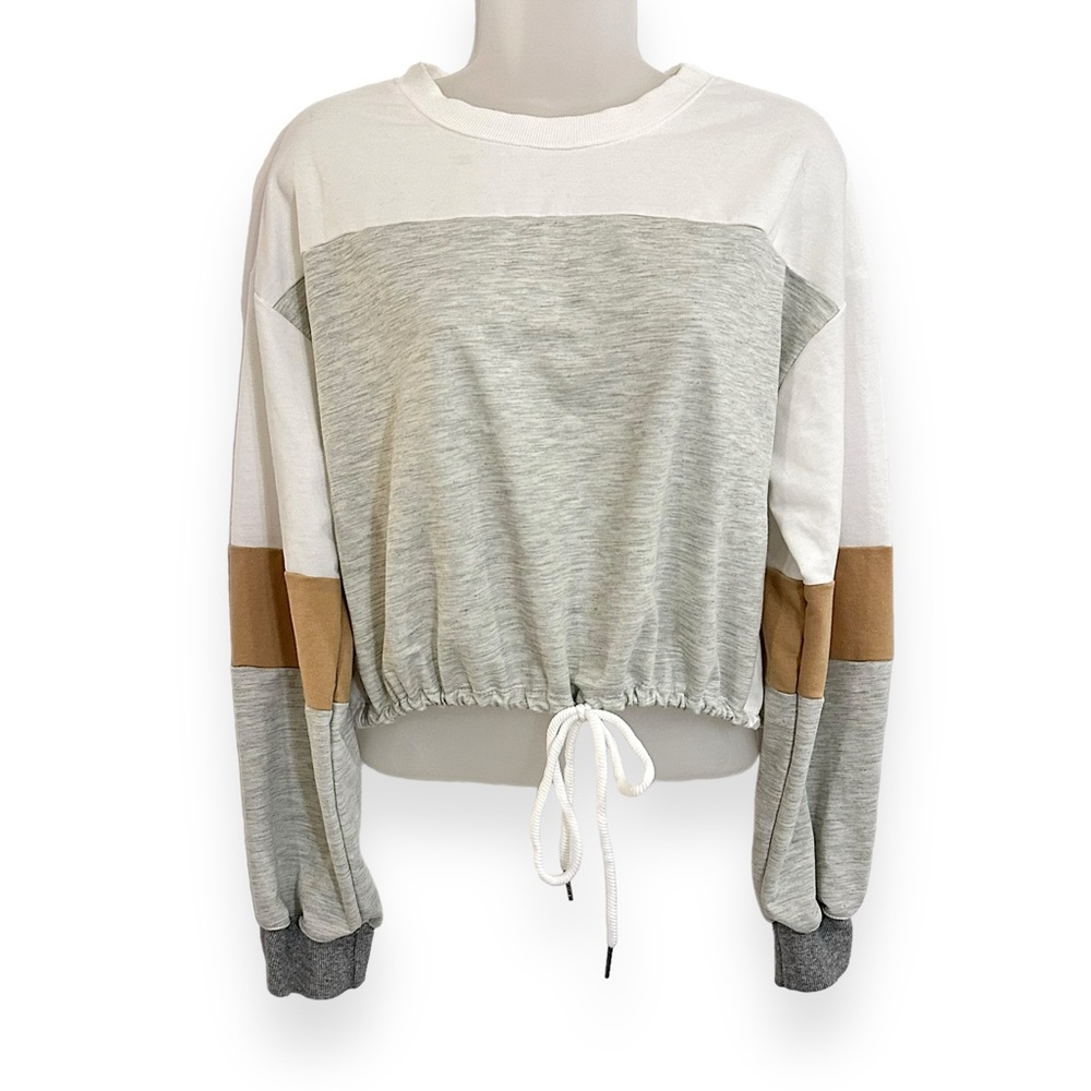 Cropped Colorblock Crewneck Sweatshirt with Drawstring Waist - Picture 1 of 7